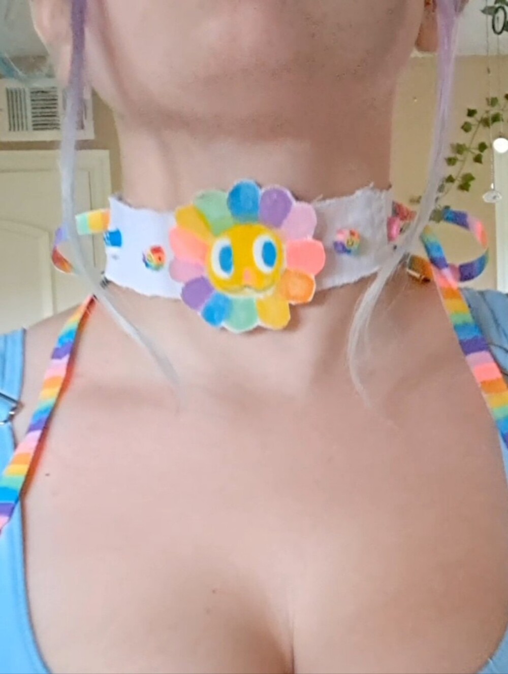 "Flower Power"   HandmadeWhite Denim Neon Rainbow Ribbon Choker